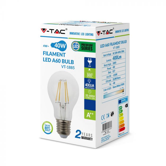 LED E27 FILAMENT LAMP A60 4W CW 400lm 300° 60X107 A++