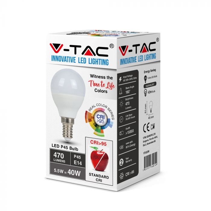 LED E14 LAMP P45 5.5W CW 470lm 200° 46X82 GLOBE CRI 95+