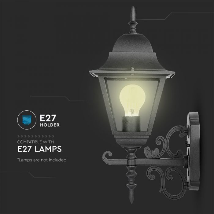 LED GARDEN WALL LIGHT LARGE-MATT BLACK E27 IP44 245X445X185 FACING UP
