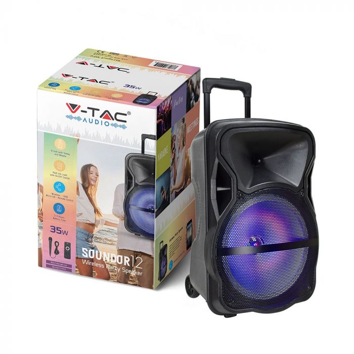 Rechargeable 12-inch Trolley 35W SPEAKER with One Wired Microphone/RF CONTROL/FM/USB/MICRO SD/RGB
