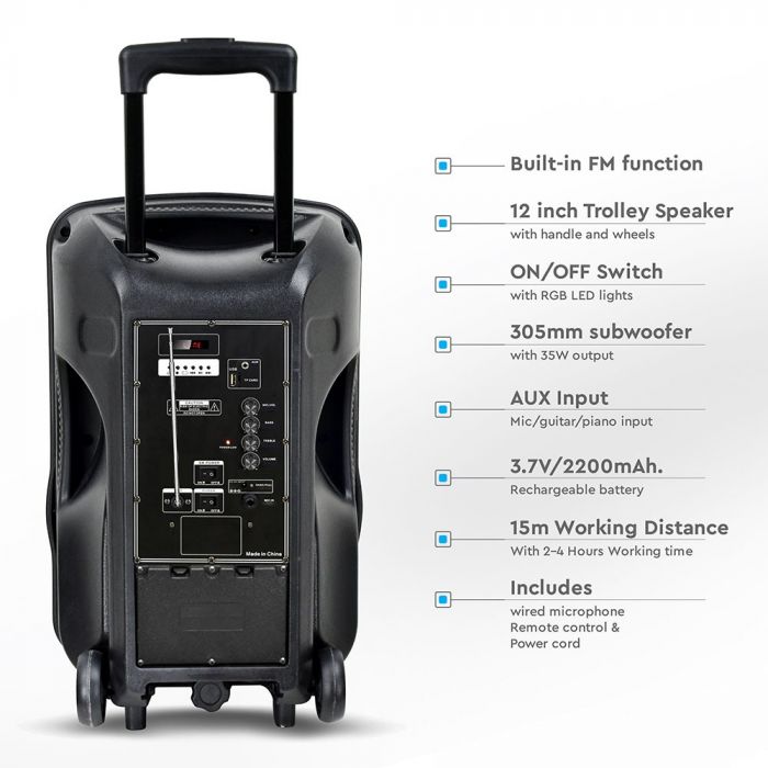 Rechargeable 12-inch Trolley 35W SPEAKER with One Wired Microphone/RF CONTROL/FM/USB/MICRO SD/RGB