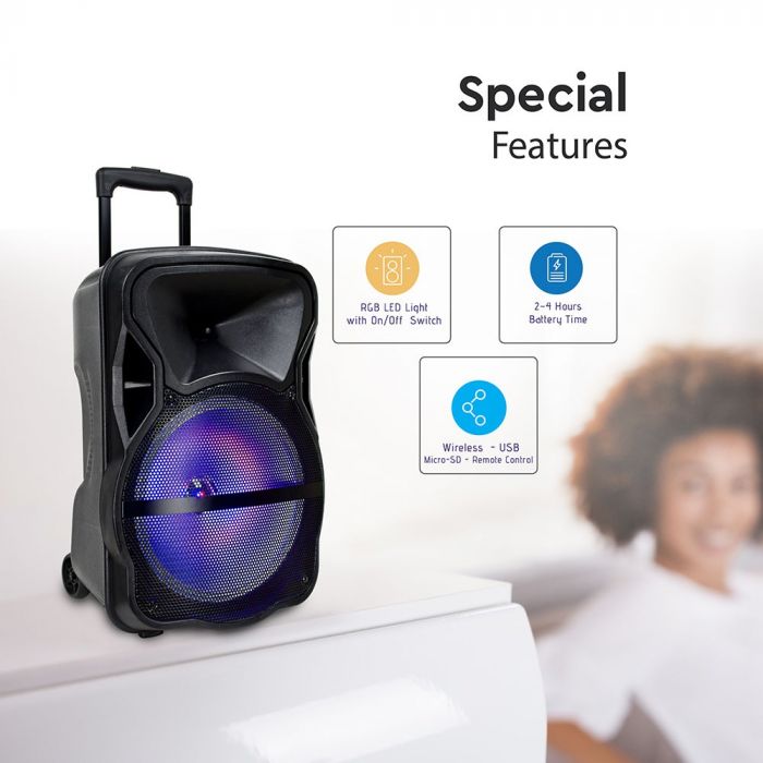 Rechargeable 12-inch Trolley 35W SPEAKER with One Wired Microphone/RF CONTROL/FM/USB/MICRO SD/RGB