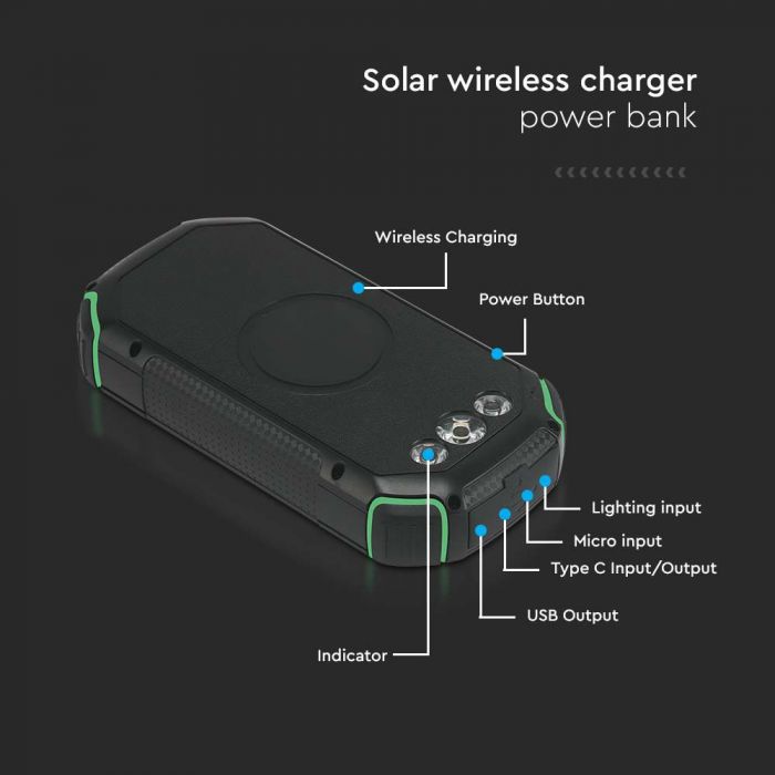 POWER BANK SOLAR WIRELESS CHARGER 30000mAh 2xUSB OUTPUT TYPE C BLACK