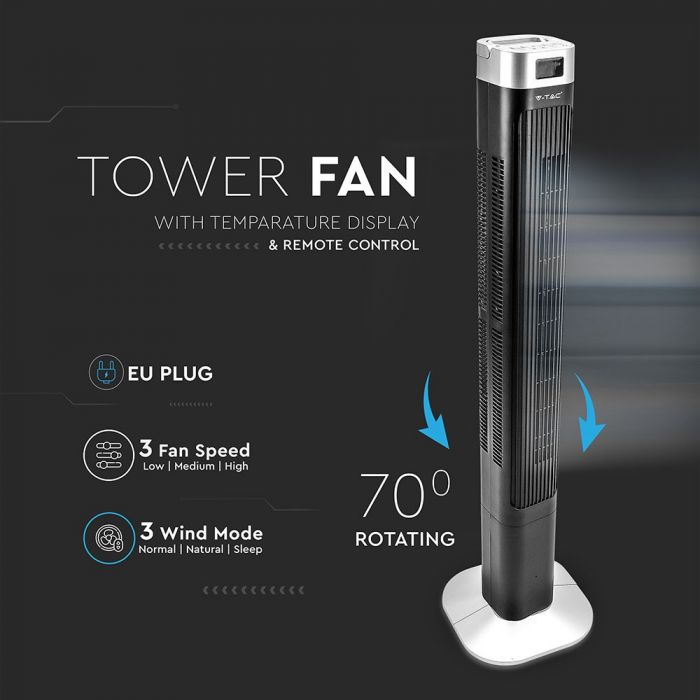 LED TOWER FAN WITH TEMPARATURE DISPLAY & REMOTE CONTROL 55W 3SPEED TIMER 30X30X120 BLACK