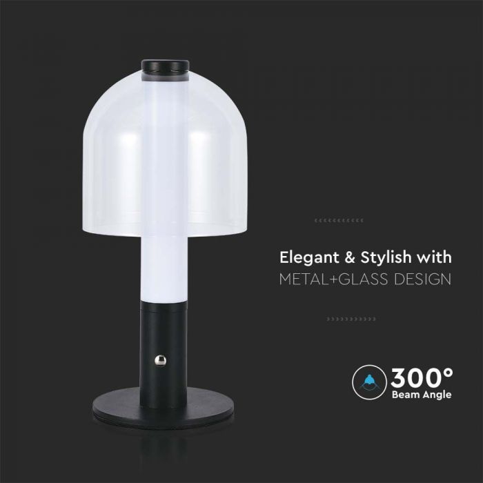 LED TABLE LAMP 1800mAH BATTERY D:140x300 3IN1 BLACK+TRANSPARENT GLASS BODY