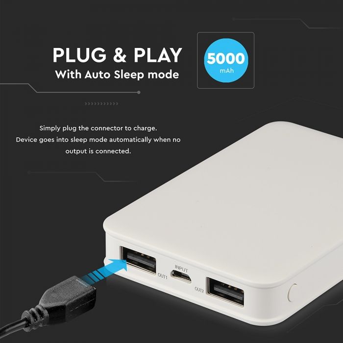 POWER BANK 5000mAh/18.5wh 2xUSB PORTS 5V WHITE