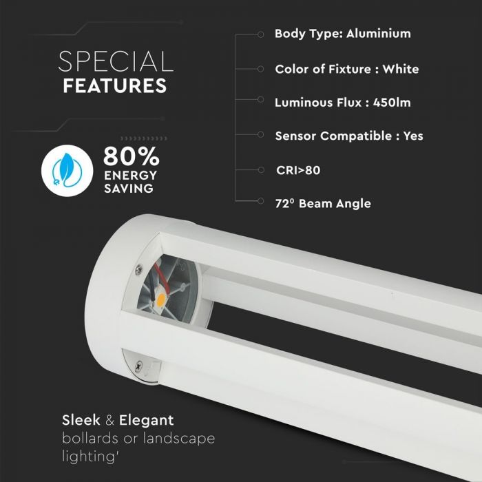 LED GARDEN LIGHT ALUMINIUM 10W 450lm CW 72° 108X800 IP65 WHITE