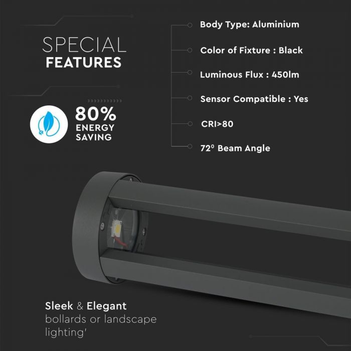 LED GARDEN LIGHT ALUMINIUM 10W 450lm DL 72° 108X800 IP65 BLACK