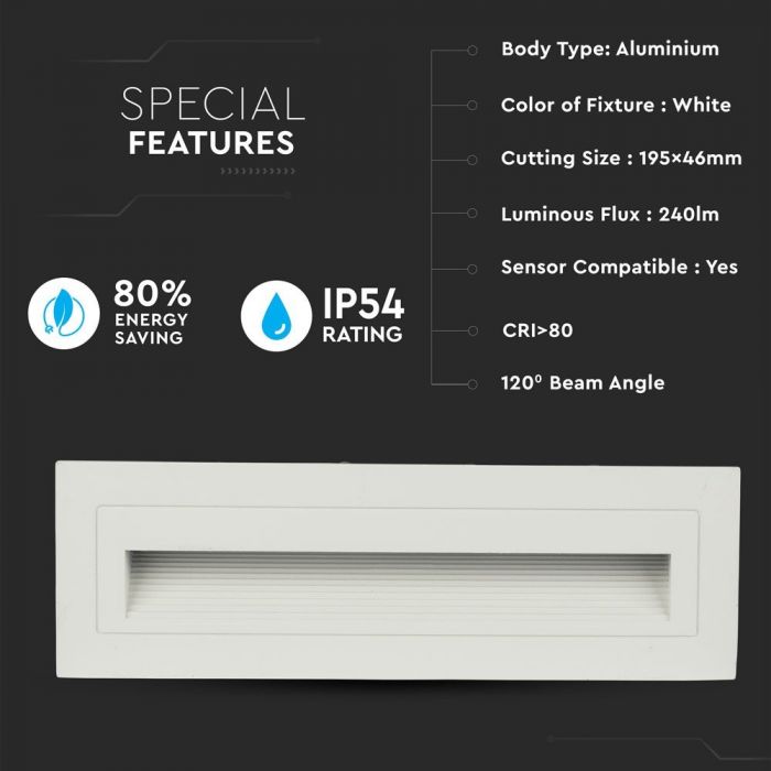 LED STEPLIGHT RECTANGLE 6W WW 120° 240lm WHITE 210X65X60 (195X46)