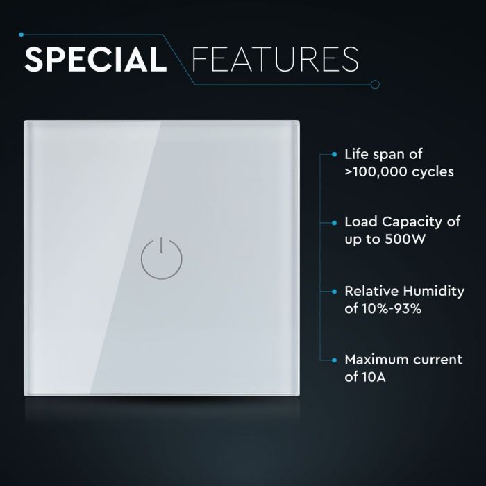 TOUCH SWITCH 1 GANG 1 WAY PC/GLASS 5-500W 10A IP20 WHITE