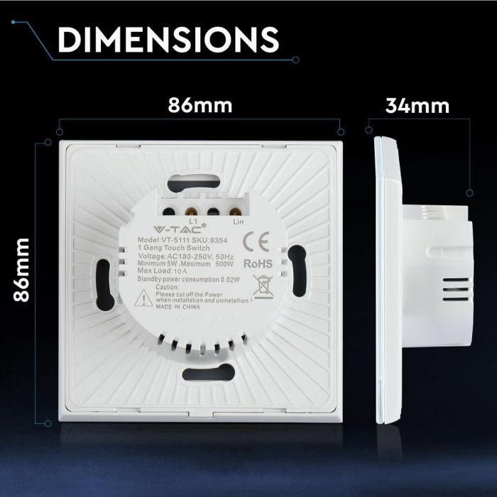 TOUCH SWITCH 1 GANG 1 WAY PC/GLASS 5-500W 10A IP20 WHITE