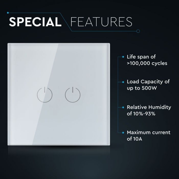 TOUCH SWITCH 2 GANG 1 WAY PC/GLASS 5-500W 10A IP20 WHITE