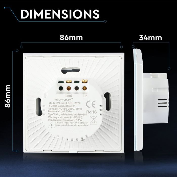 TOUCH DOORBELL SWITCH 1 GANG 1 WAY PC/GLASS 5-500W 10A IP20 WHITE
