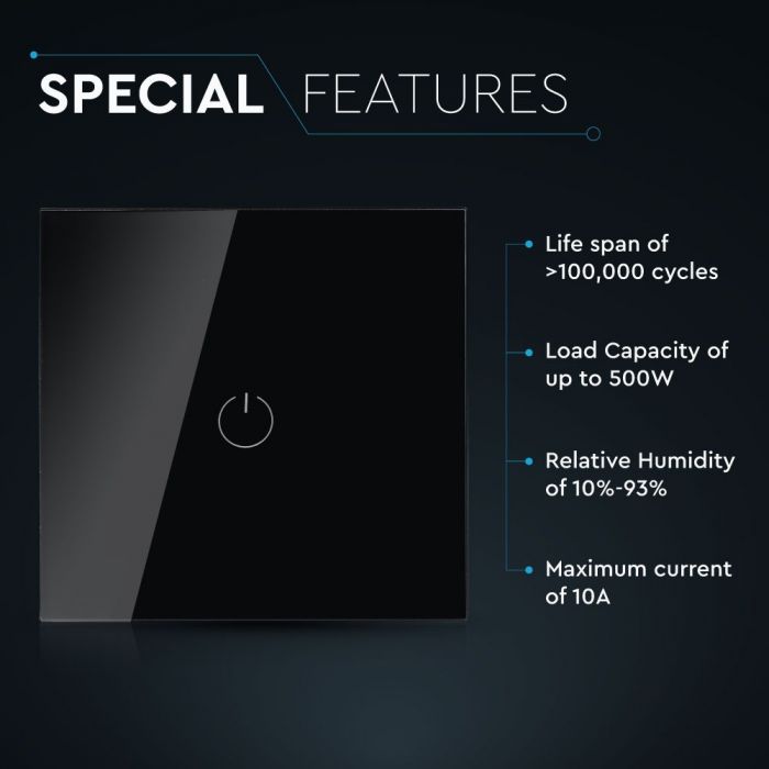 TOUCH SWITCH 1 GANG 1 WAY PC/GLASS 5-500W 10A IP20 BLACK