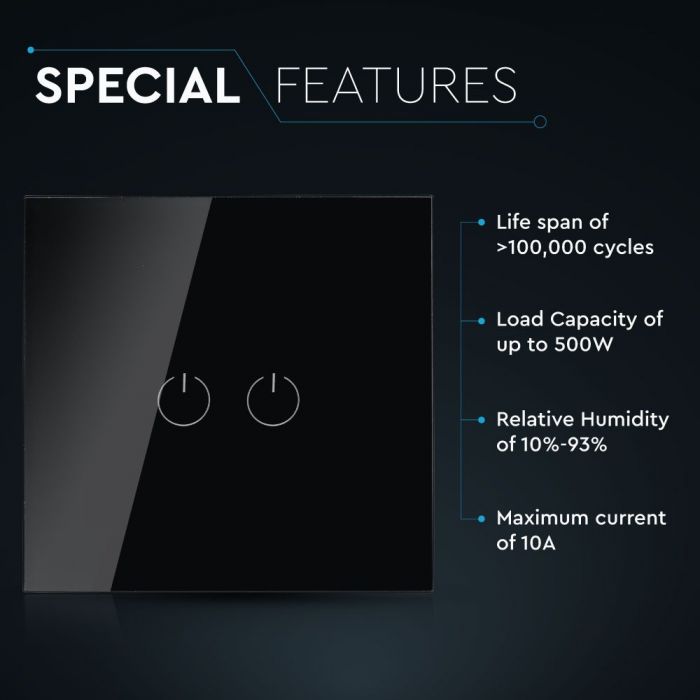 TOUCH SWITCH 2 GANG 1 WAY PC/GLASS 5-500W 10A IP20 BLACK