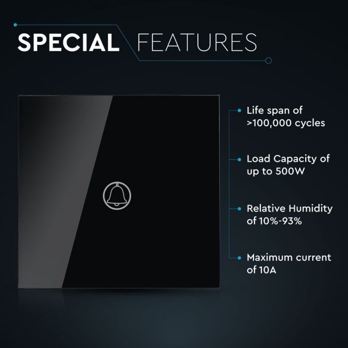 TOUCH DOORBELL SWITCH 1 GANG 1 WAY PC/GLASS 5-500W 10A IP20 BLACK