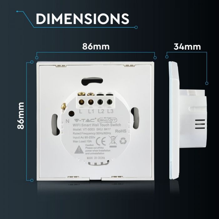 WIFI TOUCH SWITCH PC/GLASS COMAPATIBLE WITH Amazon Aleza & Google Home 2200W 10A IP40