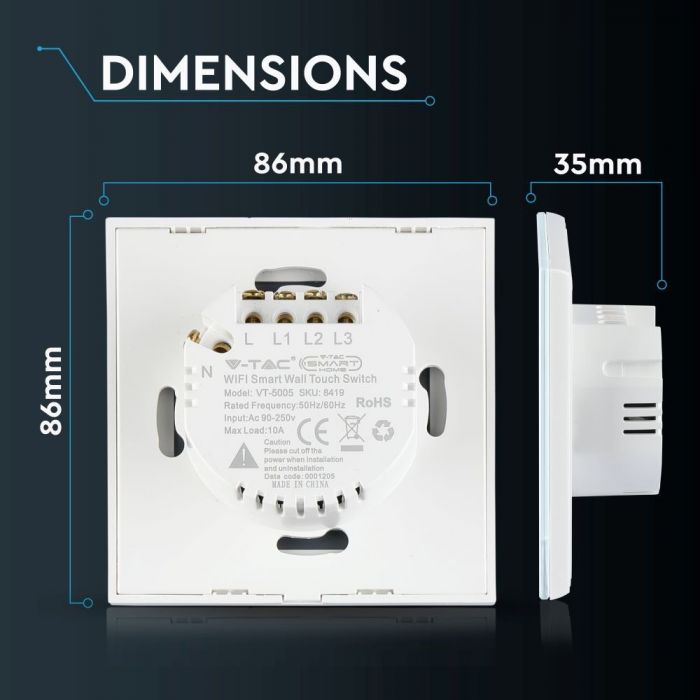 WIFI TOUCH SWITCH PC/GLASS COMAPATIBLE WITH Amazon Aleza & Google Home 3 GANG 2200W 10A IP40