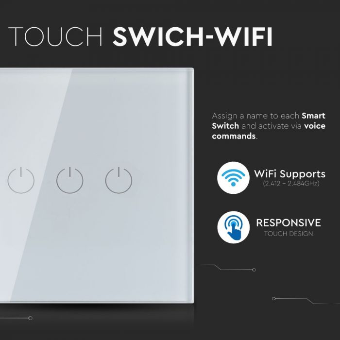 WIFI TOUCH SWITCH PC/GLASS COMAPATIBLE WITH Amazon Aleza & Google Home 3 GANG 2200W 10A IP40
