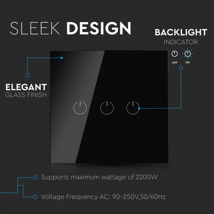 WIFI TOUCH SWITCH PC/GLASS COMAPATIBLE WITH Amazon Aleza & Google Home 3 GANG 2200W 10A IP40 BLACK