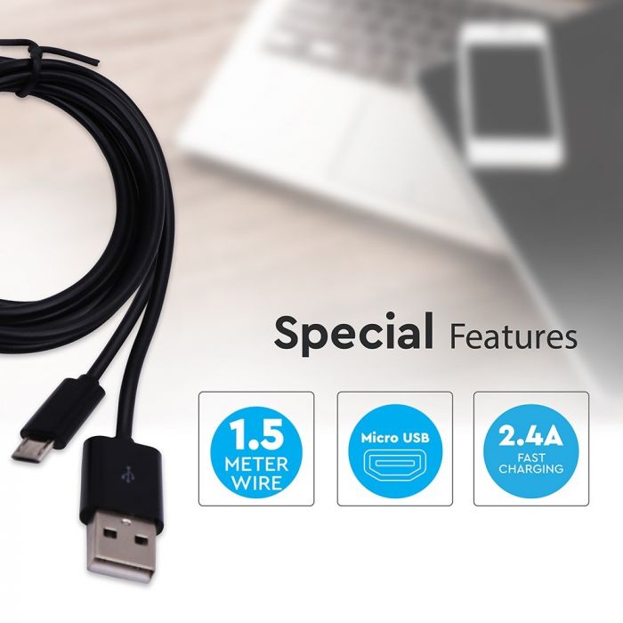 USB MICRO CABLE 1.5M 2.4A BLACK