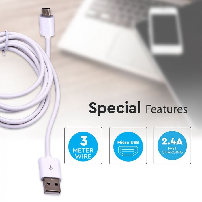 USB MICRO CABLE 3M 2.4A WHITE
