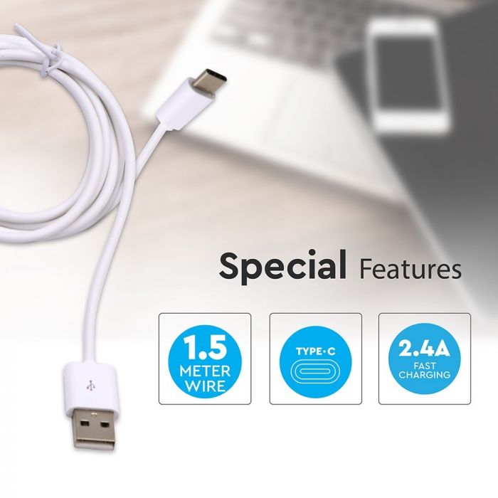 USB TYPE C CABLE 1.5M 2.4A WHITE