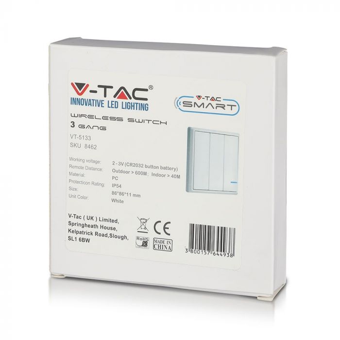 WIRELESS SENSOR SWITCH compatible with V-TAC smart light 3GANG 2-3V (CR2032 BATTERY) 86X86X11 IP54