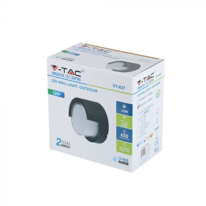 LED WALL LIGHT ROUND 12W WW 1200lm 128° 169X100 PC BLACK IP65