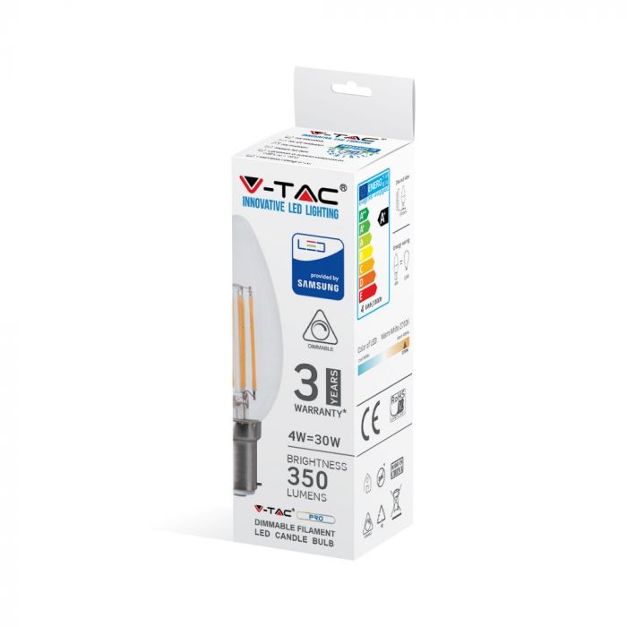 LED B22 FILAMENT LAMP 4W WW 350lm 300° 37X102 CANDLE SAMSUNG CHIP DIMMABLE
