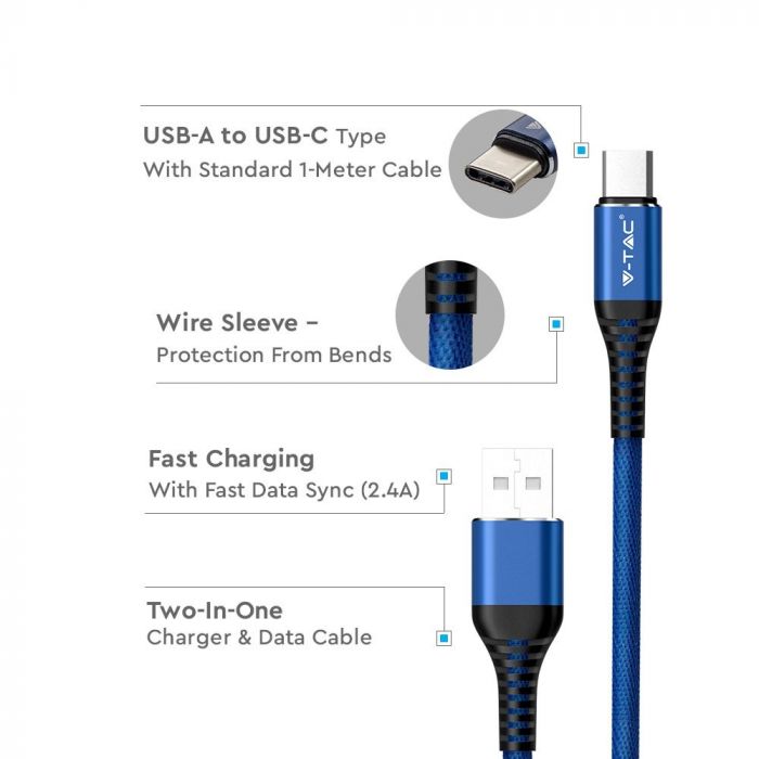 USB TYPE C CABLE 1M 2.4A GOLD SERIES BLUE