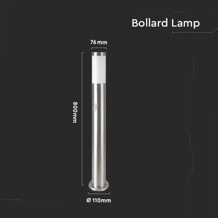 LED BOLLARD E27 LAMP STAINLESS STEEL 76X110X800 IP44 SN SENSOR