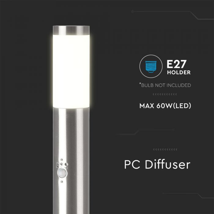 LED BOLLARD E27 LAMP STAINLESS STEEL 76X110X800 IP44 SN SENSOR