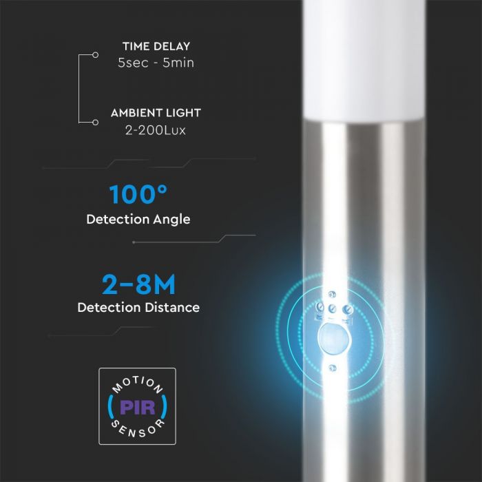 LED BOLLARD E27 LAMP STAINLESS STEEL 76X110X800 IP44 SN SENSOR