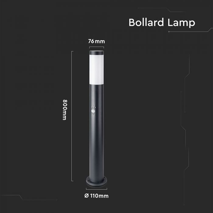 LED BOLLARD E27 LAMP STAINLESS STEEL 76X110X800 IP44 BLACK SENSOR