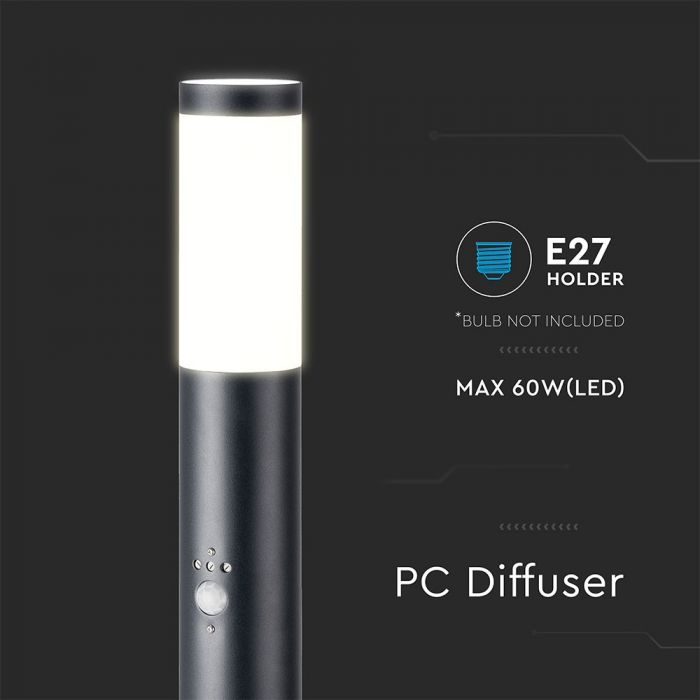 LED BOLLARD E27 LAMP STAINLESS STEEL 76X110X800 IP44 BLACK SENSOR