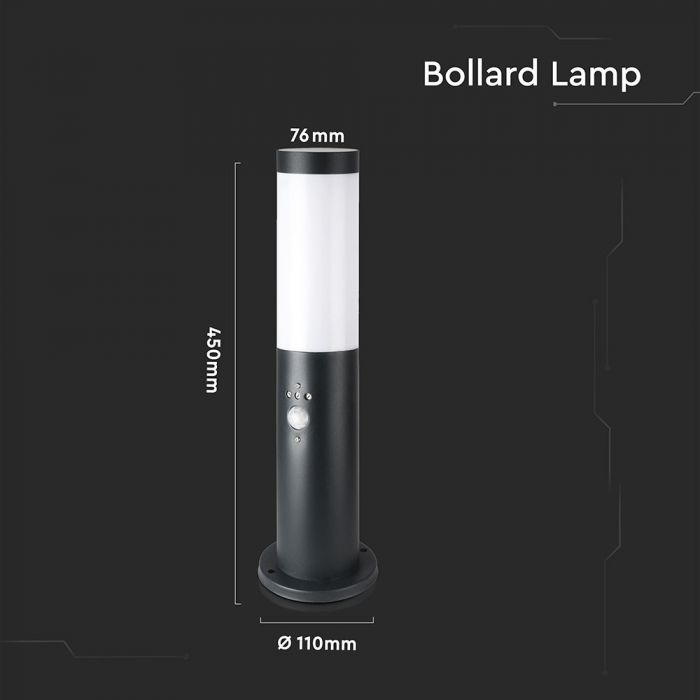 LED BOLLARD E27 LAMP STAINLESS STEEL 76X110X450 IP44 BLACK SENSOR