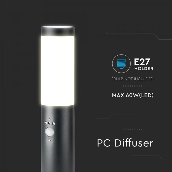 LED BOLLARD E27 LAMP STAINLESS STEEL 76X110X450 IP44 BLACK SENSOR