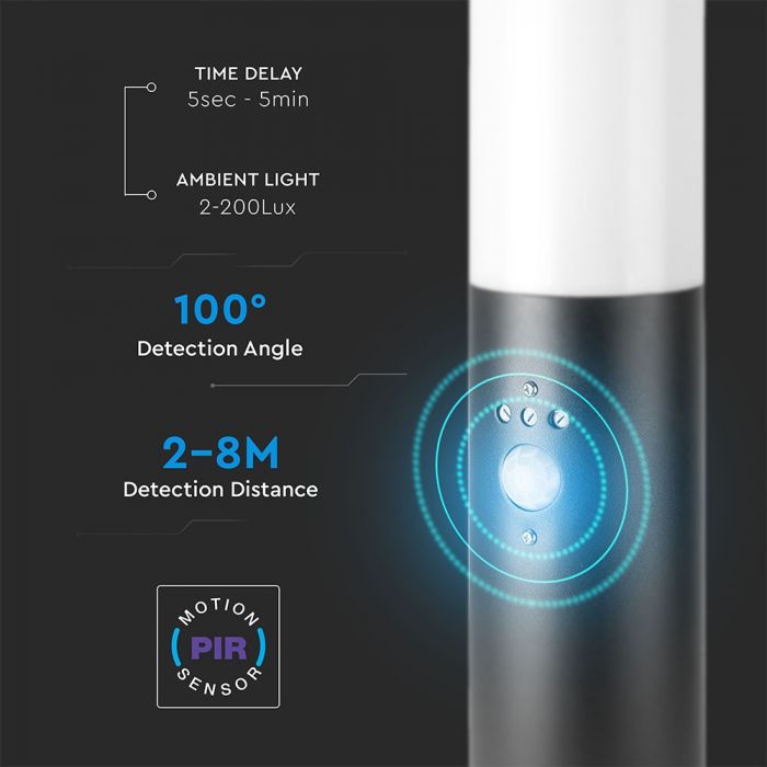 LED BOLLARD E27 LAMP STAINLESS STEEL 76X110X450 IP44 BLACK SENSOR