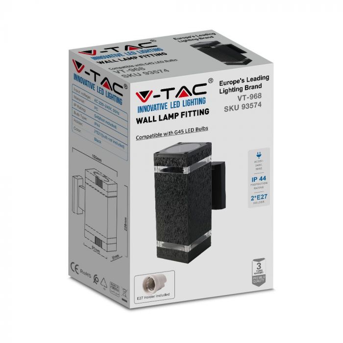 LED WALL FITTING SQUARE BLACK PC E27x2 91X150X228 IP44