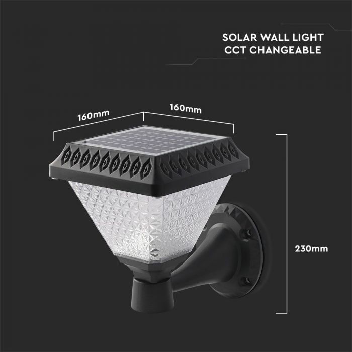 LED SOLAR WALL LAMP SQUARE with RF Control CCT:3in1 75Lm 90° 16x23 BLACK BODY IP65