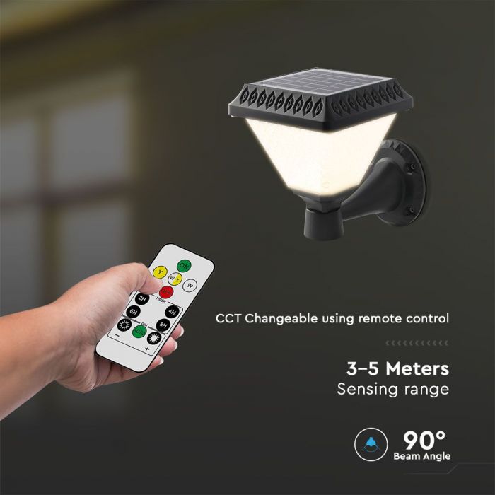 LED SOLAR WALL LAMP SQUARE with RF Control CCT:3in1 75Lm 90° 16x23 BLACK BODY IP65