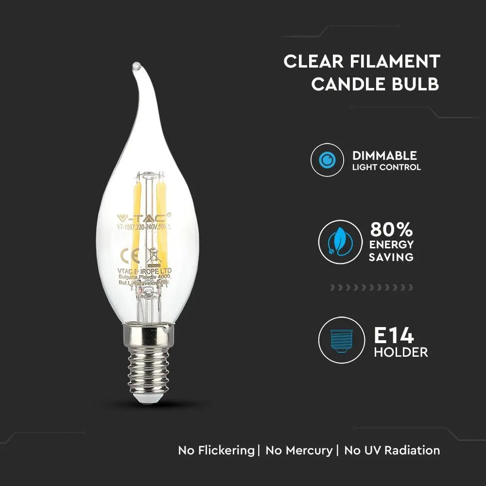 LED Bulb 4W Filament Patent E14 Candle Flame Warm White Dimmable