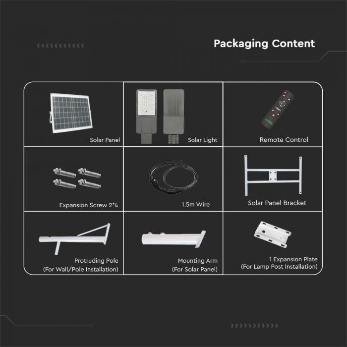 LED SOLAR STREET LIGHT 60W CW 3000lm 120° 200x530mm IP65