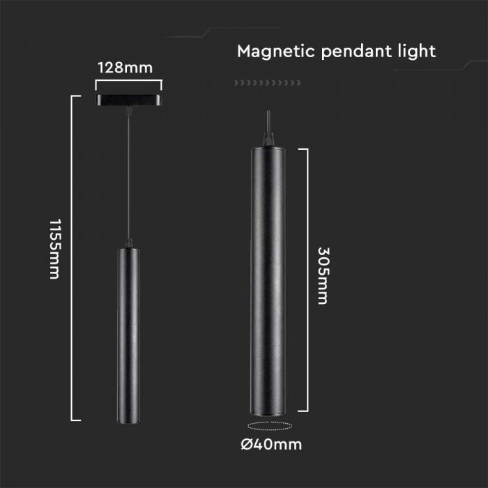 LED MAGNETIC PENDANT TRACK LIGHT 14W WW 1600lm 30° 40x128x1155mm BLACK