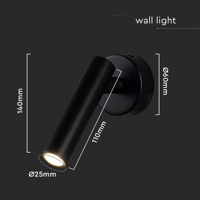LED WALL MOUNTED SPOTLIGHT 2W DL 150lm 38° 140x60x60mm BLACK