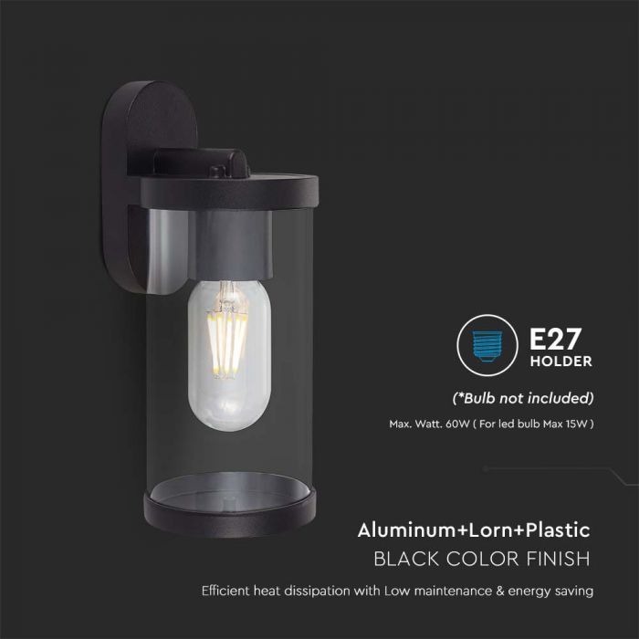 LED WALL LAMP E27 93x116x234mm CLEAR PC MATT BLACK  IP44