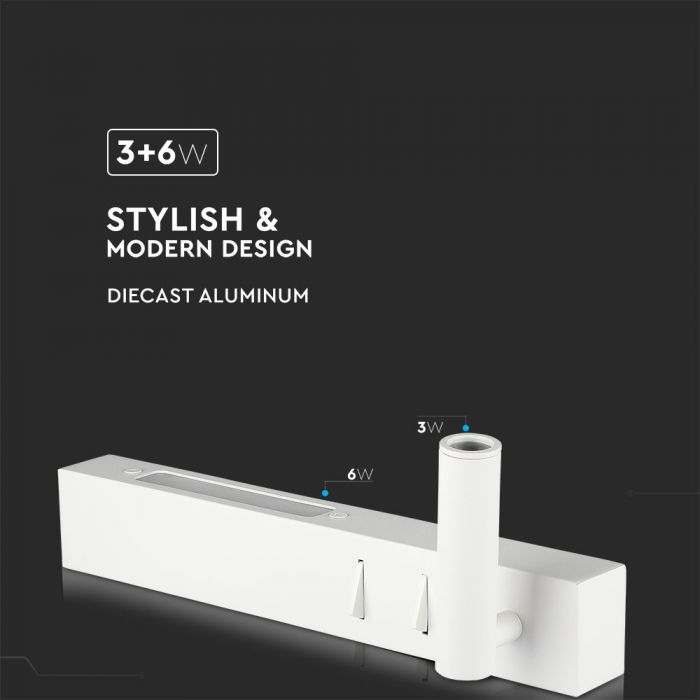 LED WALL LAMP 3W+6W WW 680lm 120° 300X50X35 WHITE