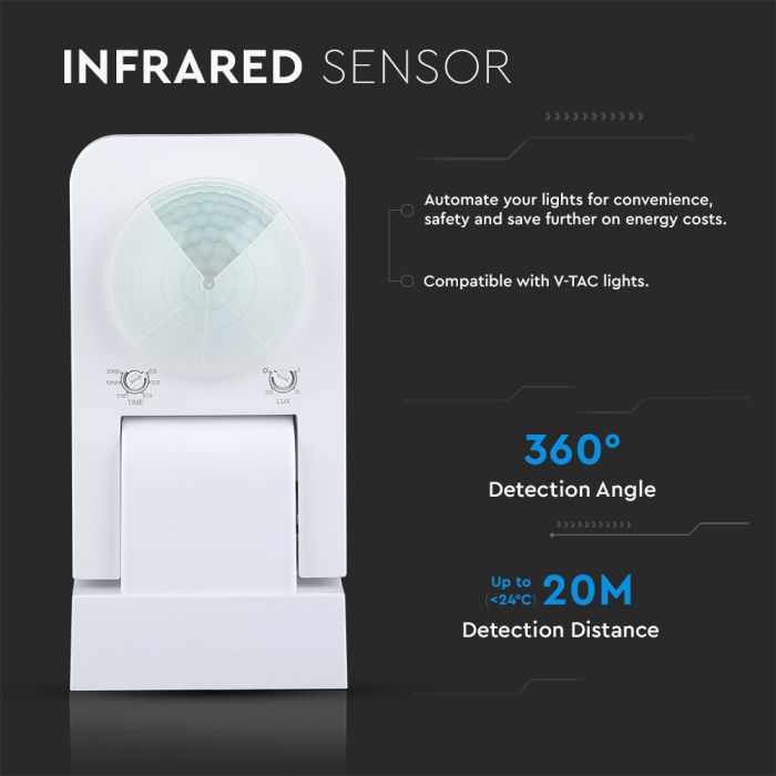 LED INFRARED MOTION SENSOR WALL 360° 20m IP20 Max. 1000W WHITE