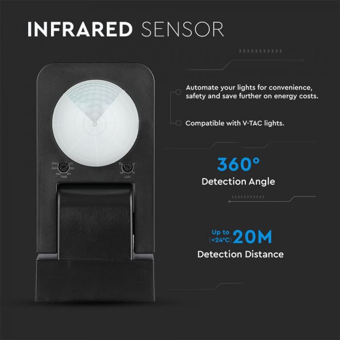 LED INFRARED MOTION SENSOR WALL 360° 20m IP20 Max. 1000W BLACK